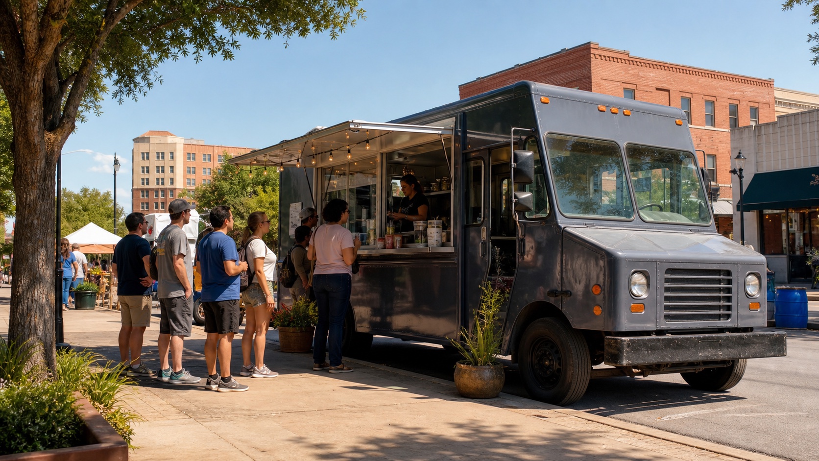 Food truck serving customers on a sunny downtown street in Abilene, Texas