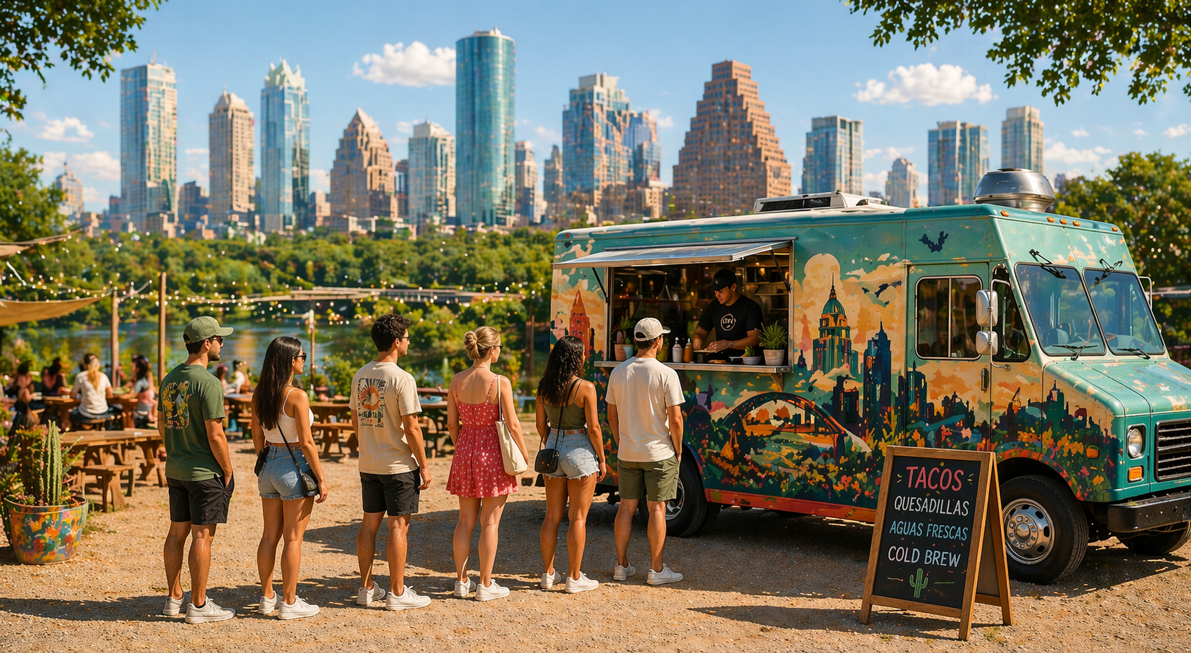 Austin food truck parked by the water with the downtown skyline behind it and customers lined up to order