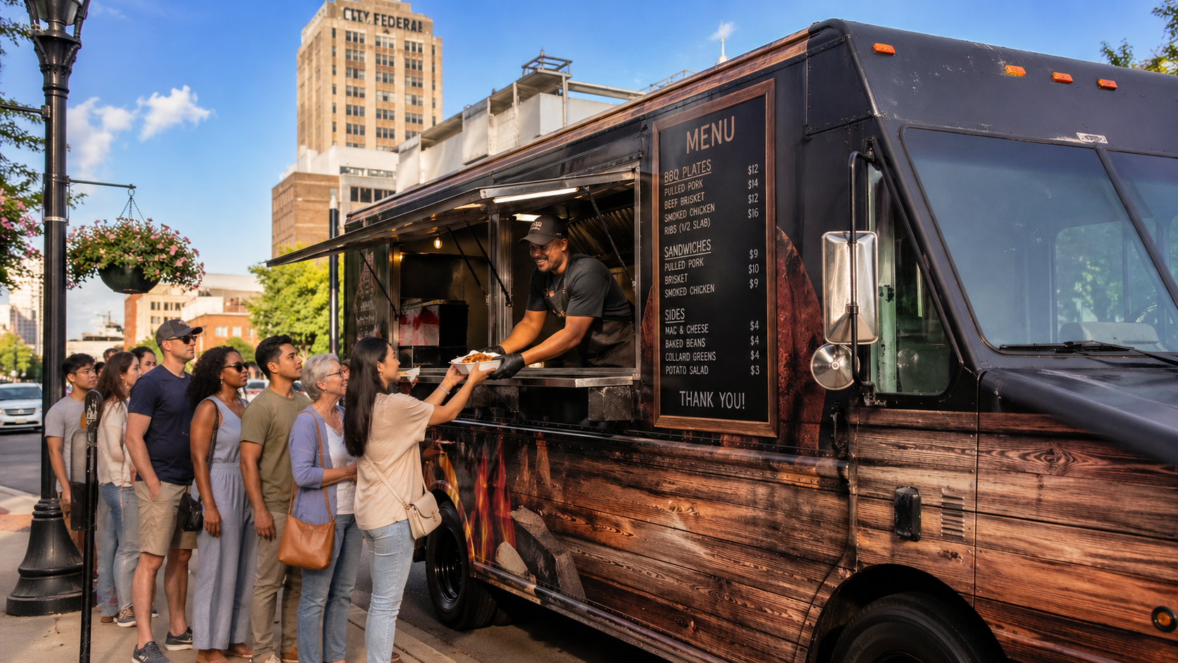 Food truck parked on a sunny Birmingham, Alabama street with the city skyline in the background and customers in line