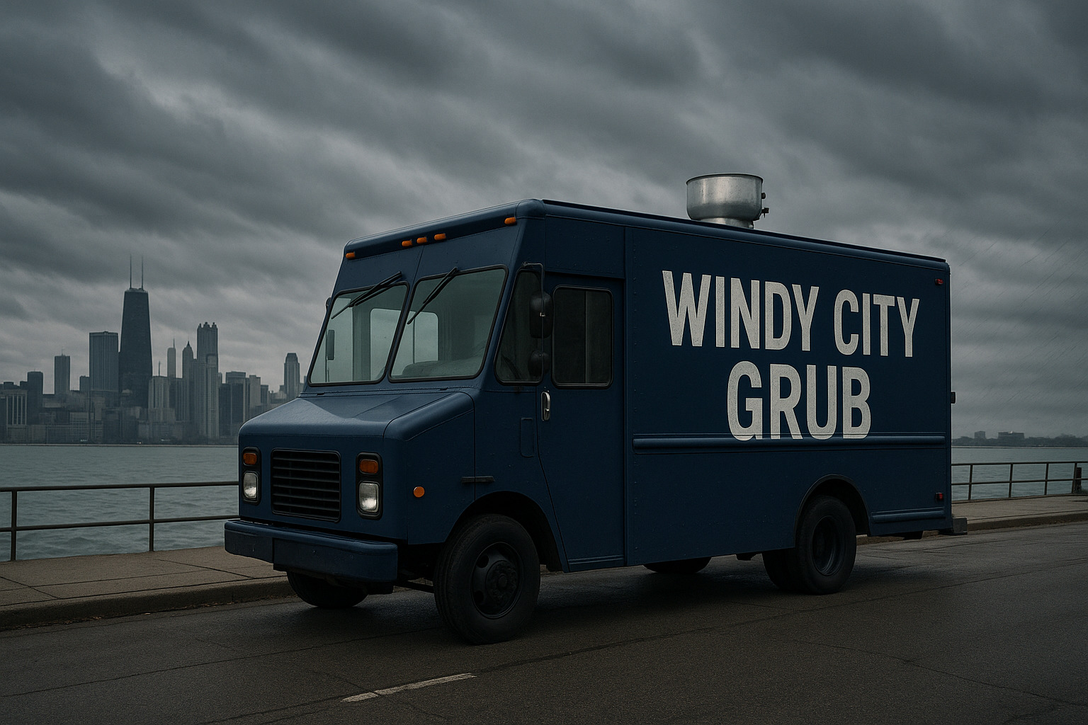 Food truck serving customers along the Chicago lakefront with the Bean and skyline in the background