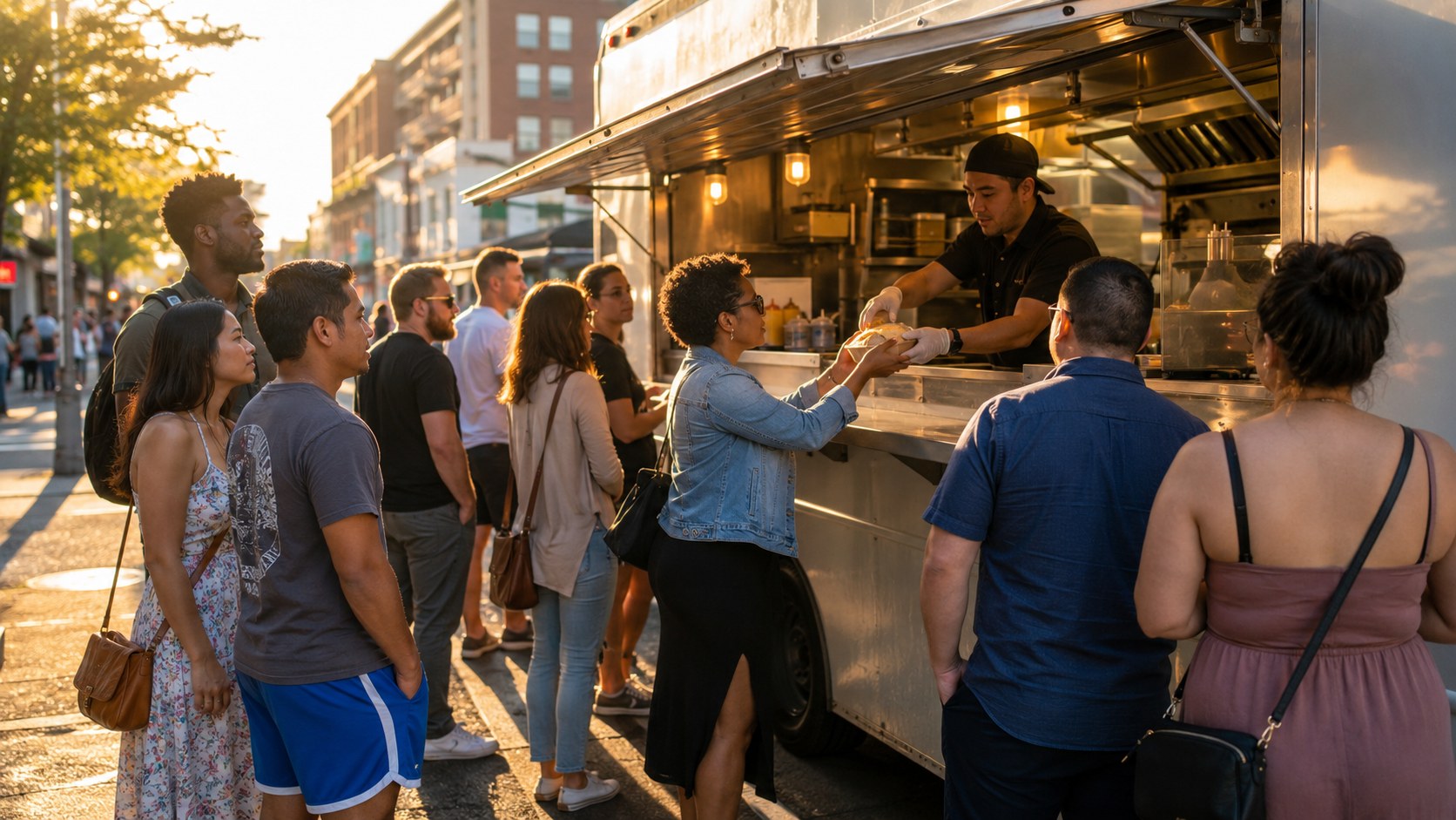 Food truck owner reviewing website pricing options on a laptop next to their truck