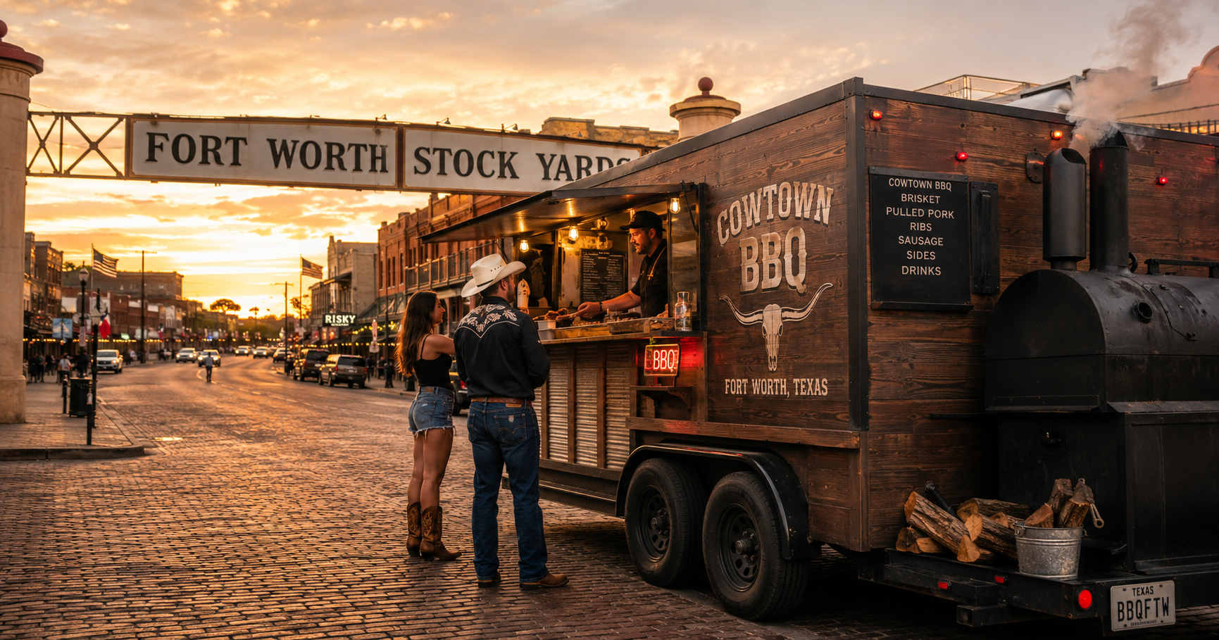 Fort Worth food truck serving customers with a visible line and Fort Worth landmark cues in the background