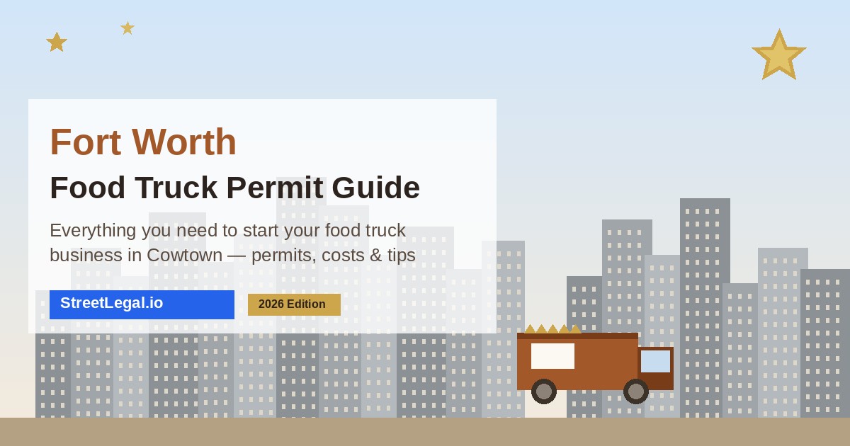 Fort Worth food truck serving customers with a visible line and Fort Worth landmark cues in the background