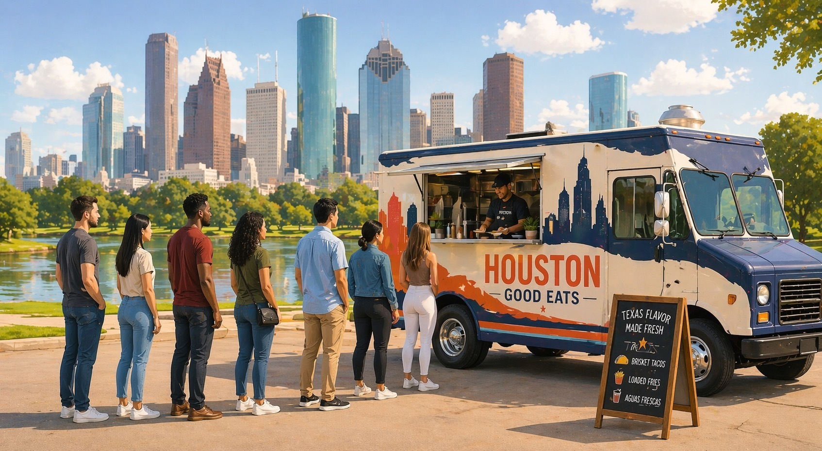 Houston food truck serving customers at an outdoor food truck park in Houston, TX