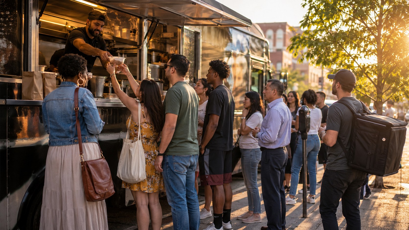 Food truck owner setting up their Uber Eats listing on a tablet next to their truck