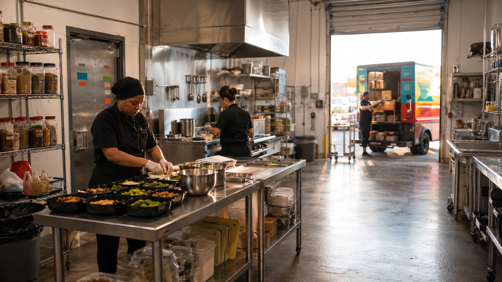 Busy commercial commissary kitchen at peak hours with operators at separate prep stations and a food truck loading at the bay