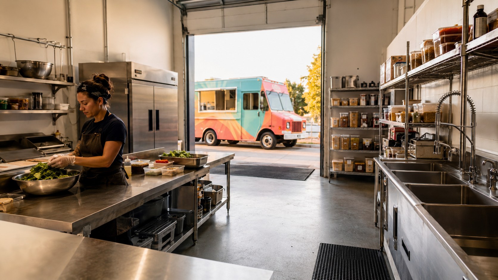 Modern commercial commissary kitchen with stainless prep stations and a food truck parked at the loading bay