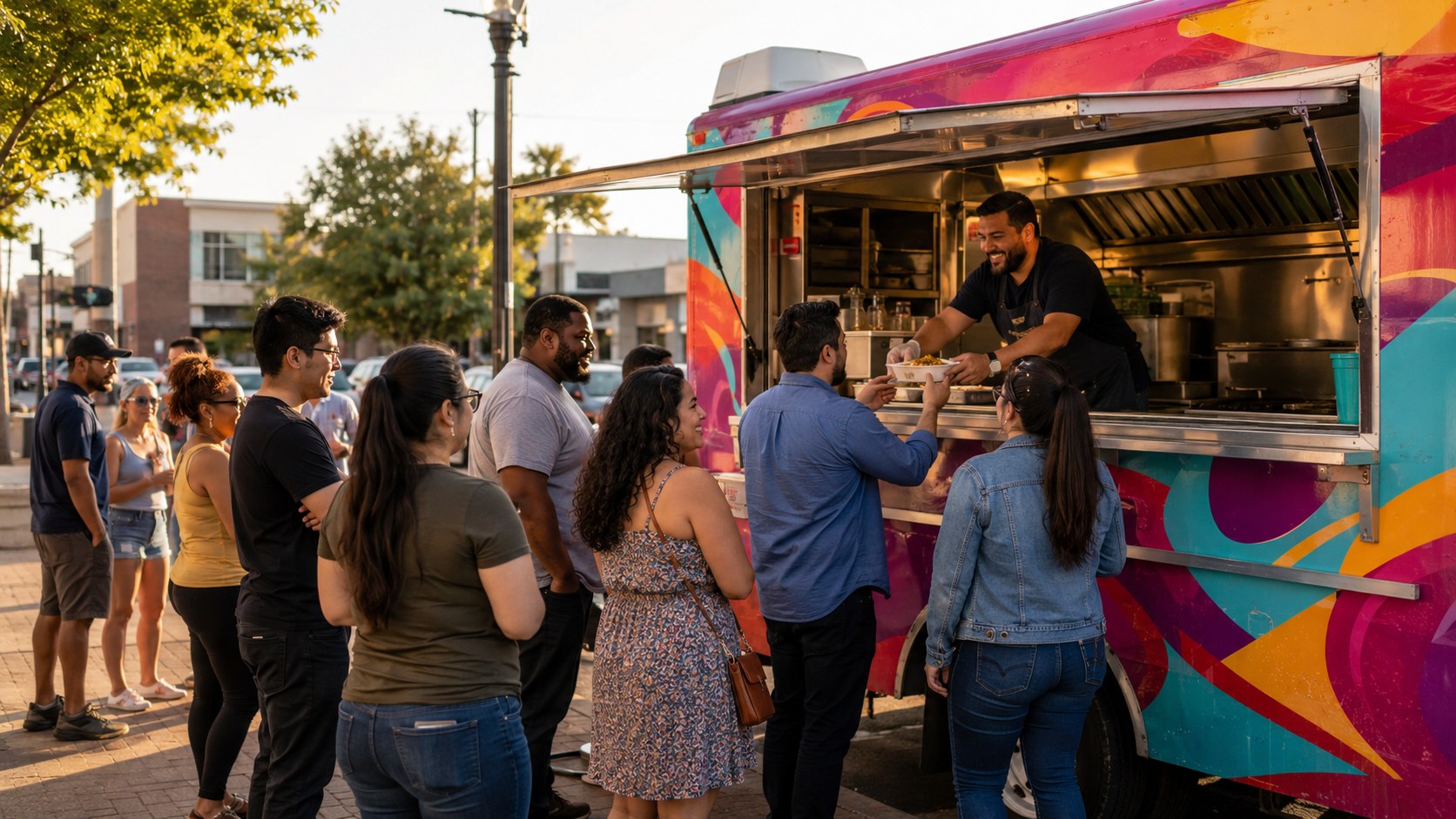 Food truck preparing an order for delivery pickup