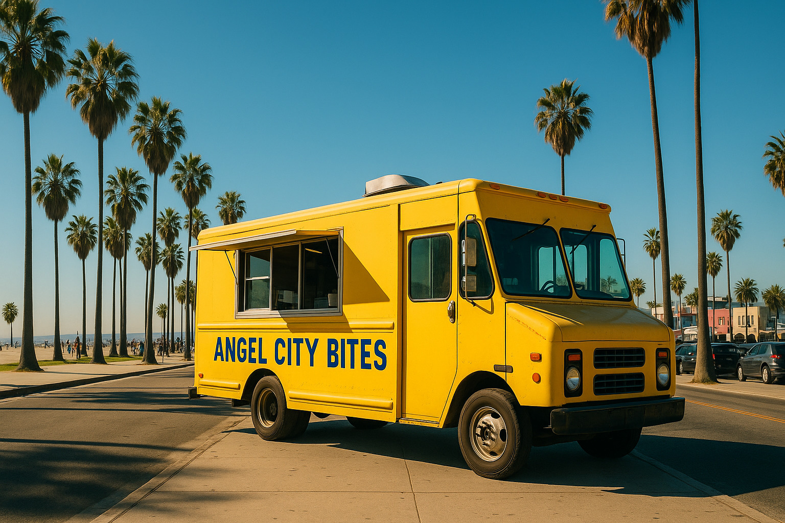 Food truck parked in Los Angeles serving customers