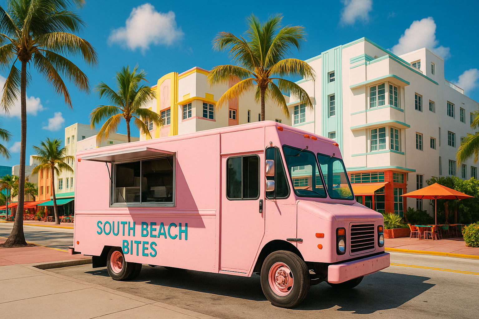 Food truck parked in Miami serving customers