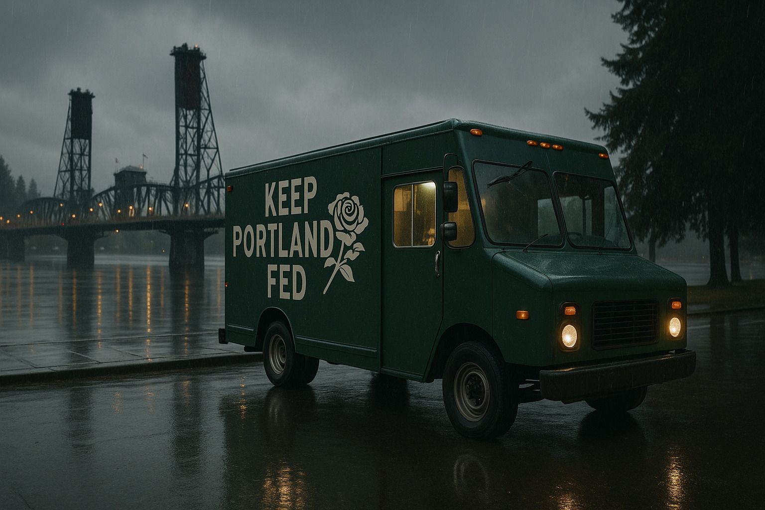 Food truck parked in Portland serving customers