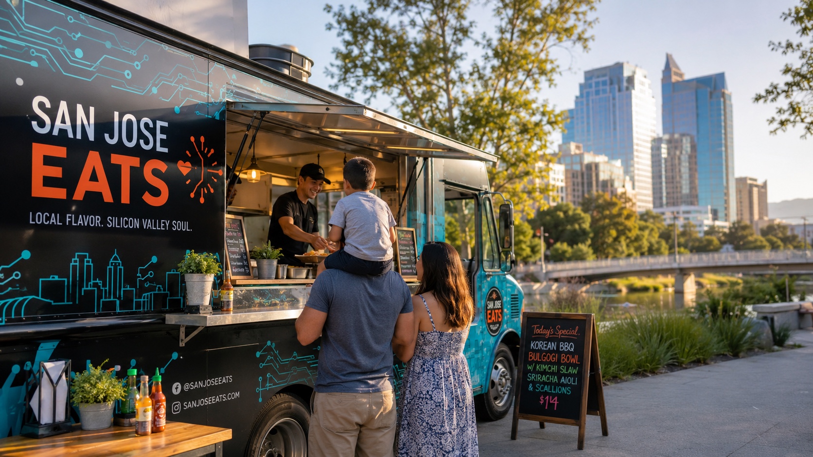 Food truck serving customers near Diridon Station in San Jose, California with the downtown skyline in the background
