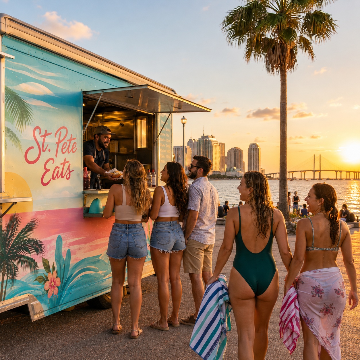 Food trucks serving customers at a St. Petersburg, FL waterfront location near the Sunshine Skyway Bridge
