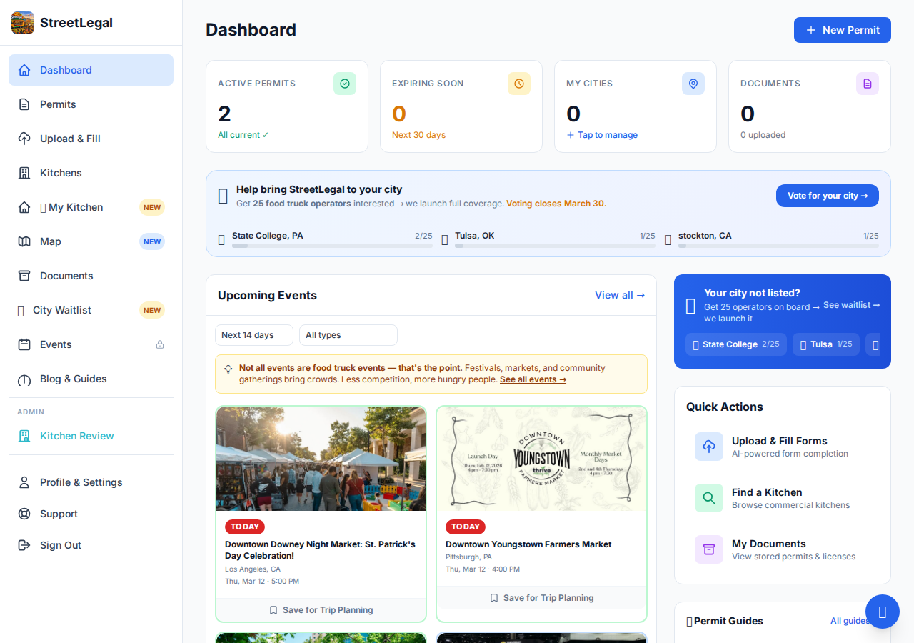StreetLegal Driver Dashboard — permits, events, kitchens, and compliance