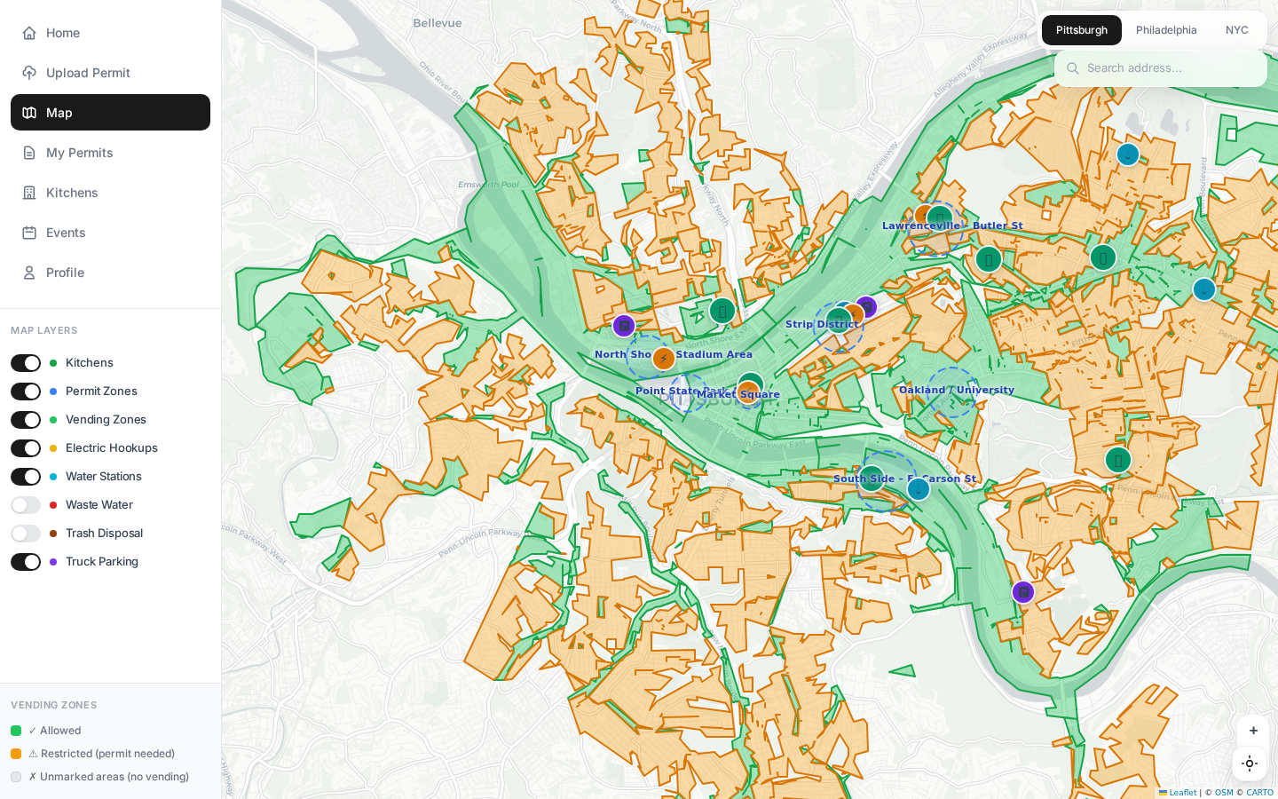 StreetLegal interactive map — commissary kitchens, permit zones, parking